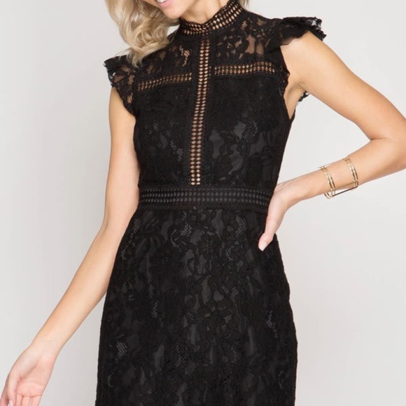 Black Floral Lace Ruffled Sleeve Floral Dress - Picture 5 of 8